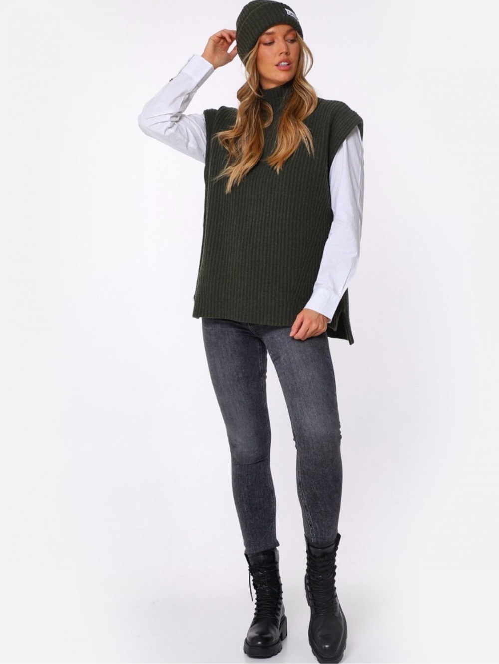 Ganni Recycled Ribbed Knit Vest Green Oversized Pullover Size L